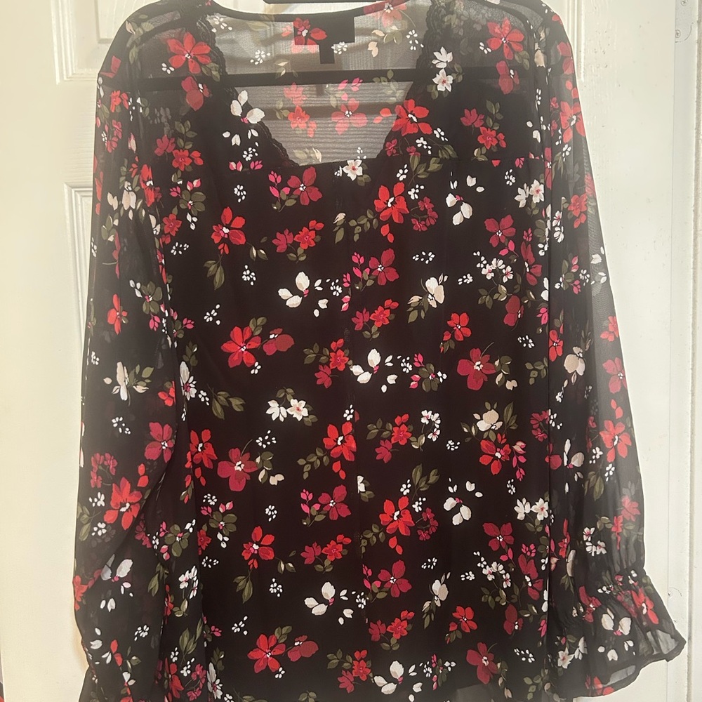 Lane Bryant- Red and Black Floral Sheer Black Blouse. Size 26